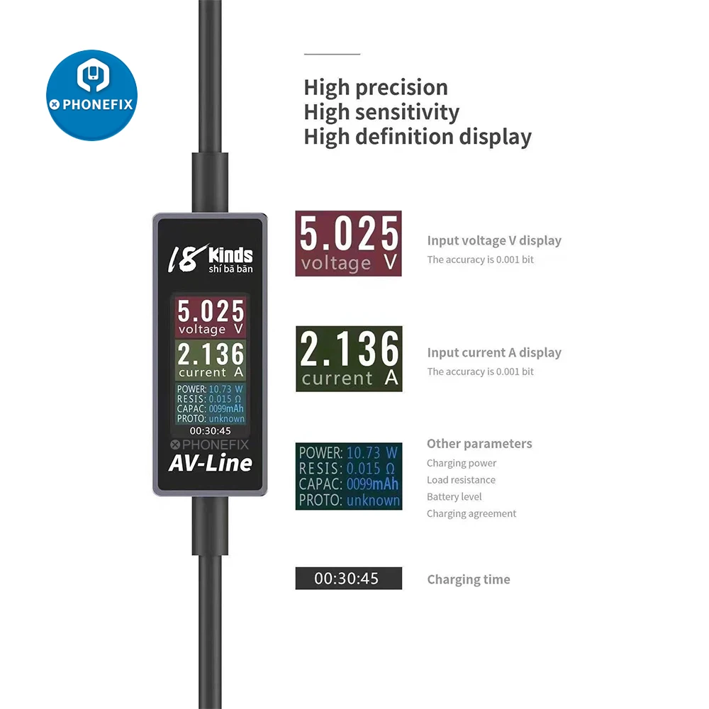 AV-Line Intelligent Charging Detection Line USB Charging Cable for iPhone / Samsung Mobile Phone Voltage and Current Monitoring