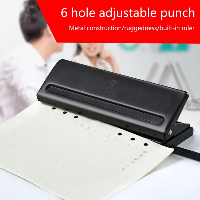 Portable 6 Hole Puncher Metal Student DIY Loose Leaf Hole Punch Hand Held Black for DIY Handmade Scrapbook Art Projects