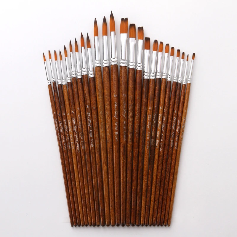 

12/24 Pcs Per Set Mixed Size Painting Brushes Brown Nylon Watercolor For Student Painter Art Supplies