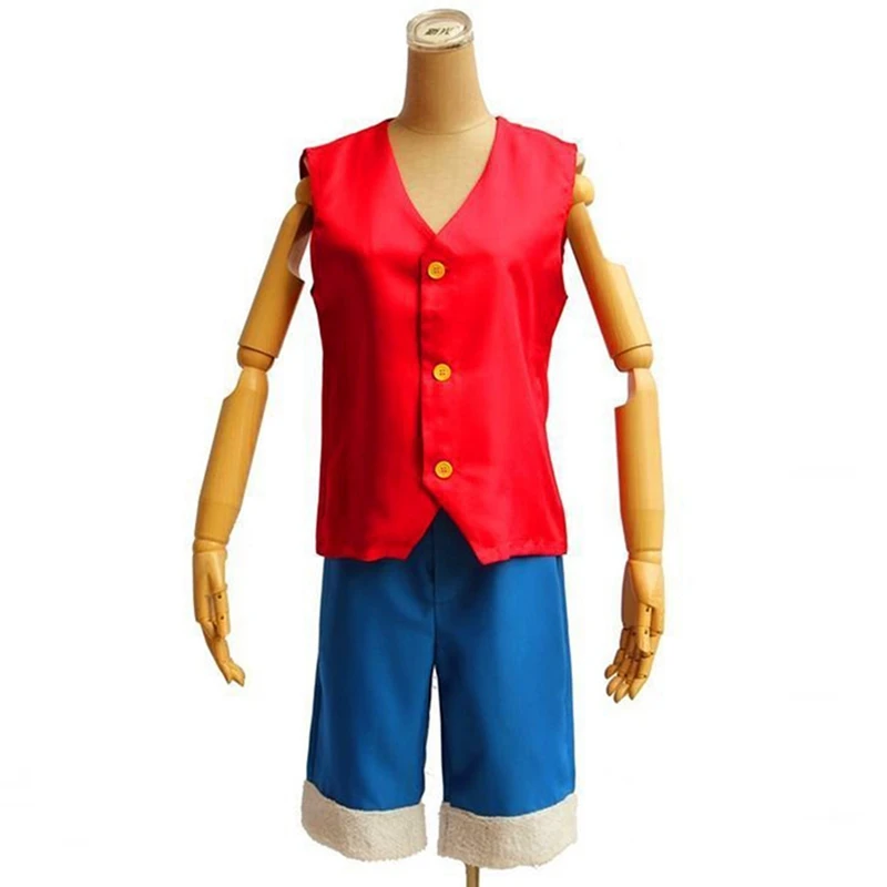 Japanese One Piece Cosplay Set Anime Monkey D Luffy Vest & Pants Red Waistcost Blue Shorts Man Trousers