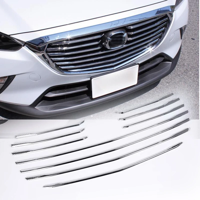 10pcs Bezel Accessories Bright Silver For Mazda CX-3 CX3 2016 2017 2018 Car Styling Front Grille Grill Molding Cover Trim