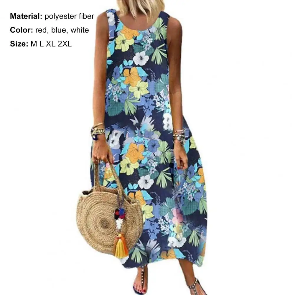 Summer Women Dress Elegant Floral Print Round Neck Vintage Dresses Ankle-Length Plus Size Large Hem Beach Party Dress