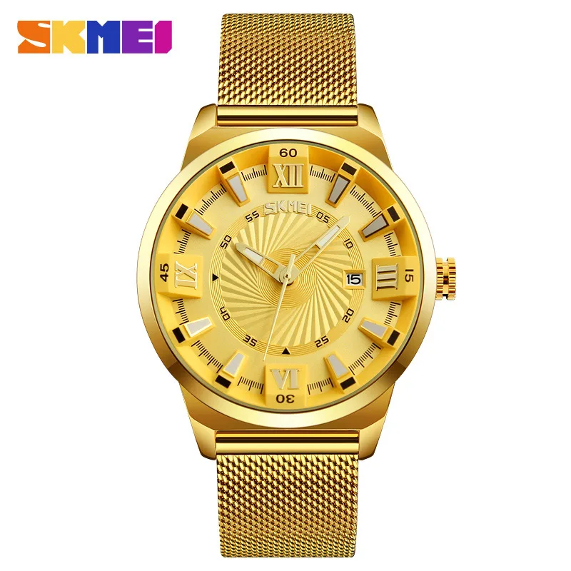 SKMEI Brand Business Mens Watches Luxury Golden Steel Mesh Band Quartz Wristwatches Original 9166 relogio masculino