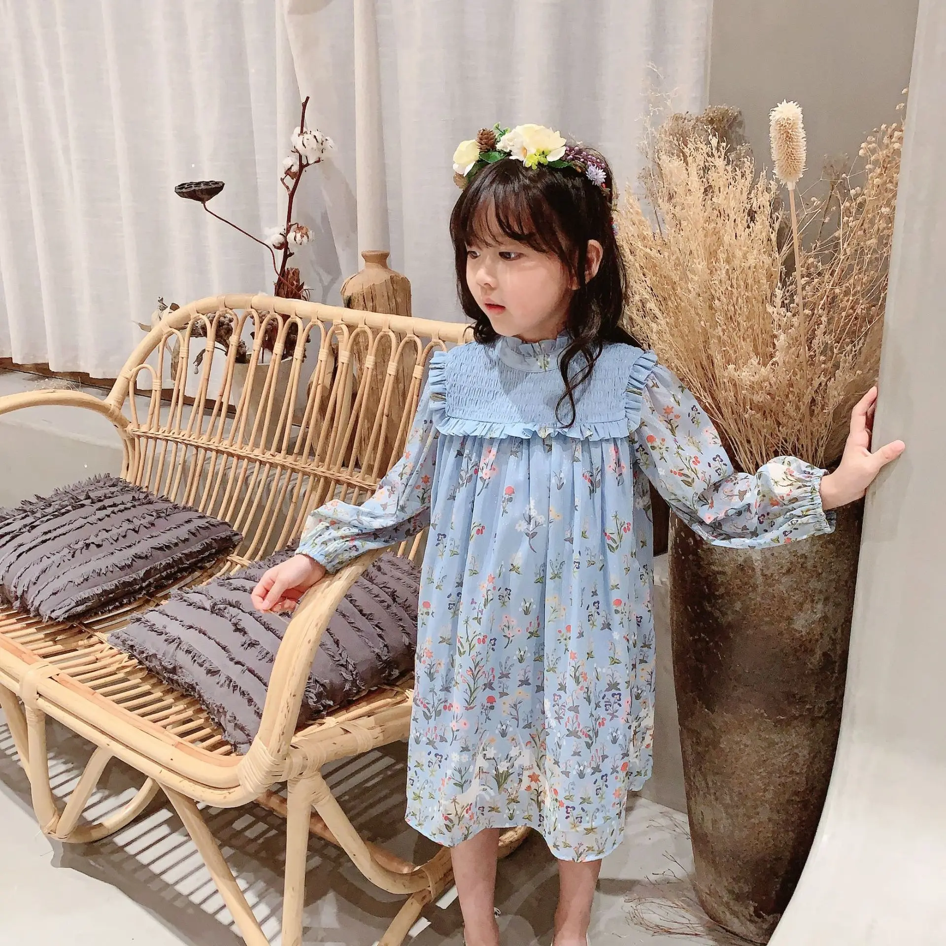 2024 spring summer new princess dress kids girl blue floral print sweet dresses little girls long sleeve elegant dresses