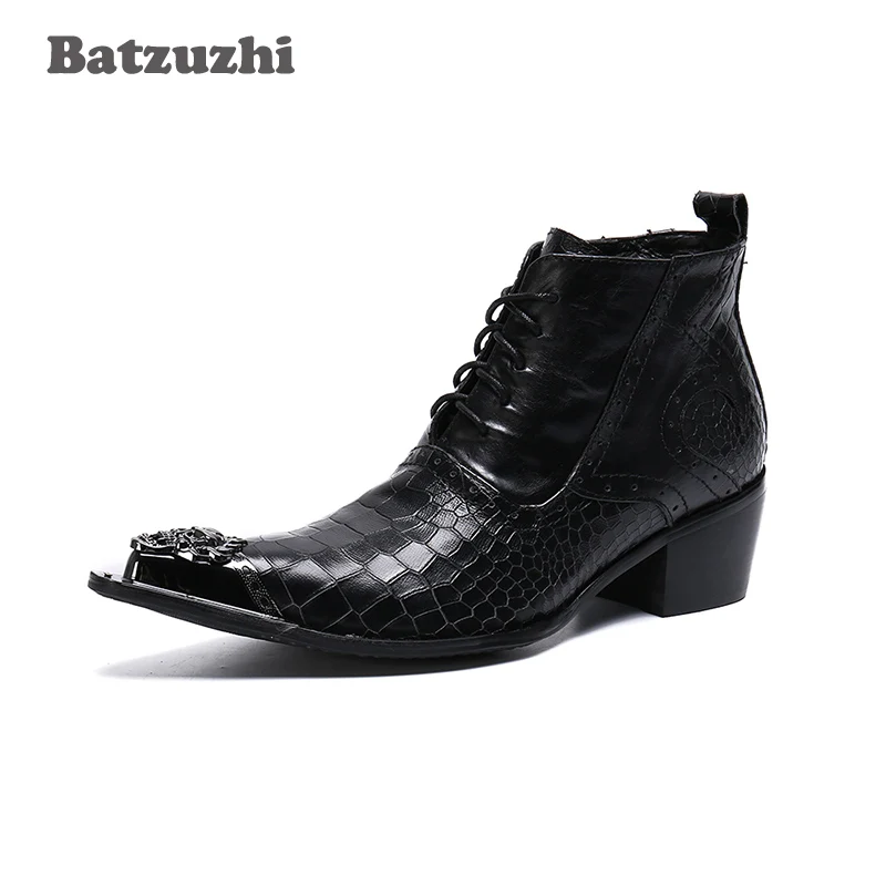 

Batzuzhi Lace Up Dress Shoes Black Genuine Leather Boots Men 6.5cm Heels Men Ankle Boots High Top Boots Men , Big Sizes 38-46