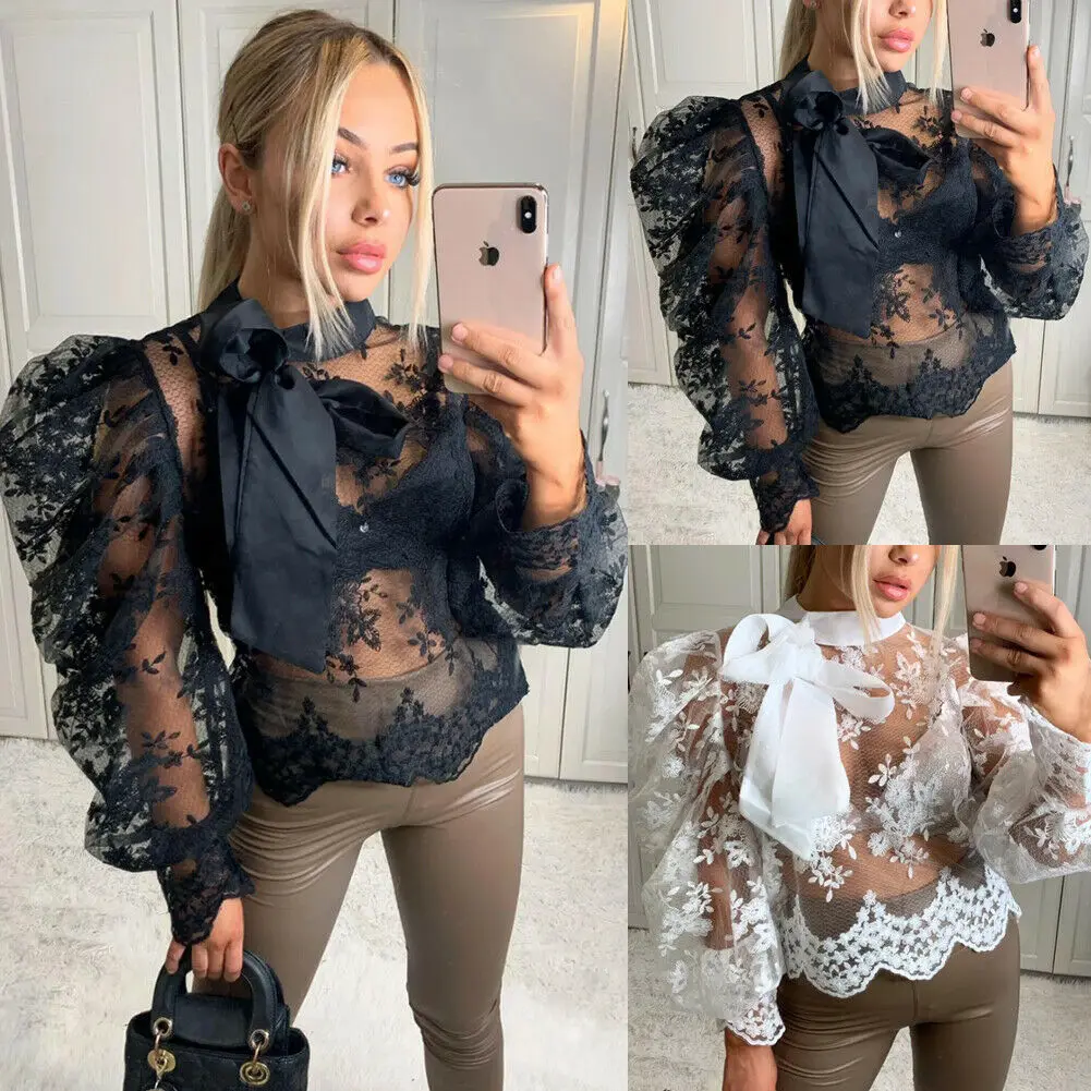 

Women's Crochet Sheer Mesh Long Puff Sleeve Shirt Tops Loose Casual Blouse US