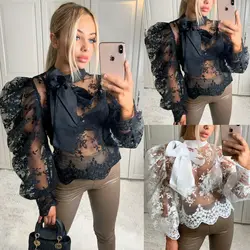 Women's Crochet Sheer Mesh Long Puff Sleeve Shirt Tops Loose Casual Blouse US