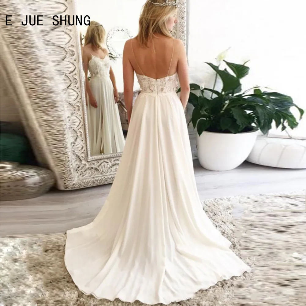 E jue shung simples boho vestidos de casamento sem costas espaguete cinta vestido noiva rendas apliques vestido de noiva a linha vestidos de noiva