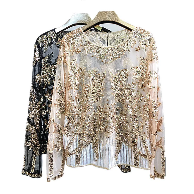 Imagem -02 - Camisa Sexy Lantejoulas Bordada Flor Rosa Brilhante Transparente Gaze Pesada Beading s Blusa Luxo Festa Clube Tops