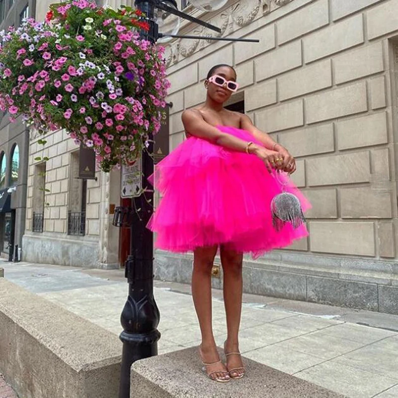 Chic Fuchsia Ruffles Short Tulle Dresses Women 2022 Puffy A-line Mini Tutu Dress Summer Off The Shoulder Robe Vestidos