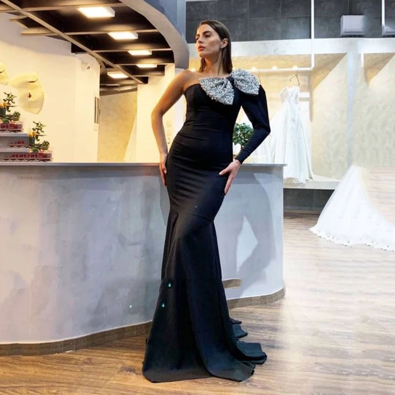 

Elegant One Shoulder Mermaid Black Satin Evening Night Dress Shinly Bow Formal Party Gown Vestidos De Fiesta Robe De Soiree