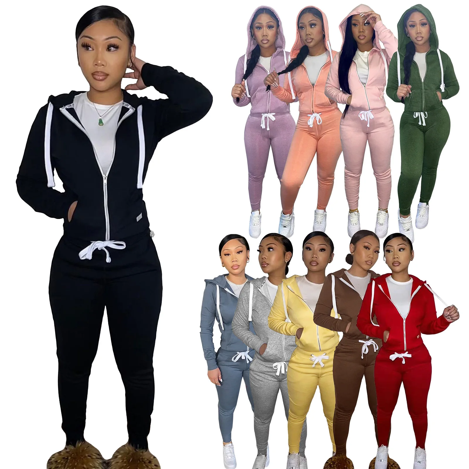 

New Fleece 2 Piece Jogger Set Women Cardigan Sweatshirt Tracksuits Bodycon Sports Lounge Wear Outfit Bulk Item Wholesale Lots