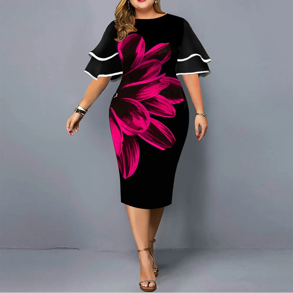 Plus Size Dress Elegant Geometric Print Birthday Party Dress 2021 New Women Layered Sleeve Wedding Evening Club Midi Dresses 5XL