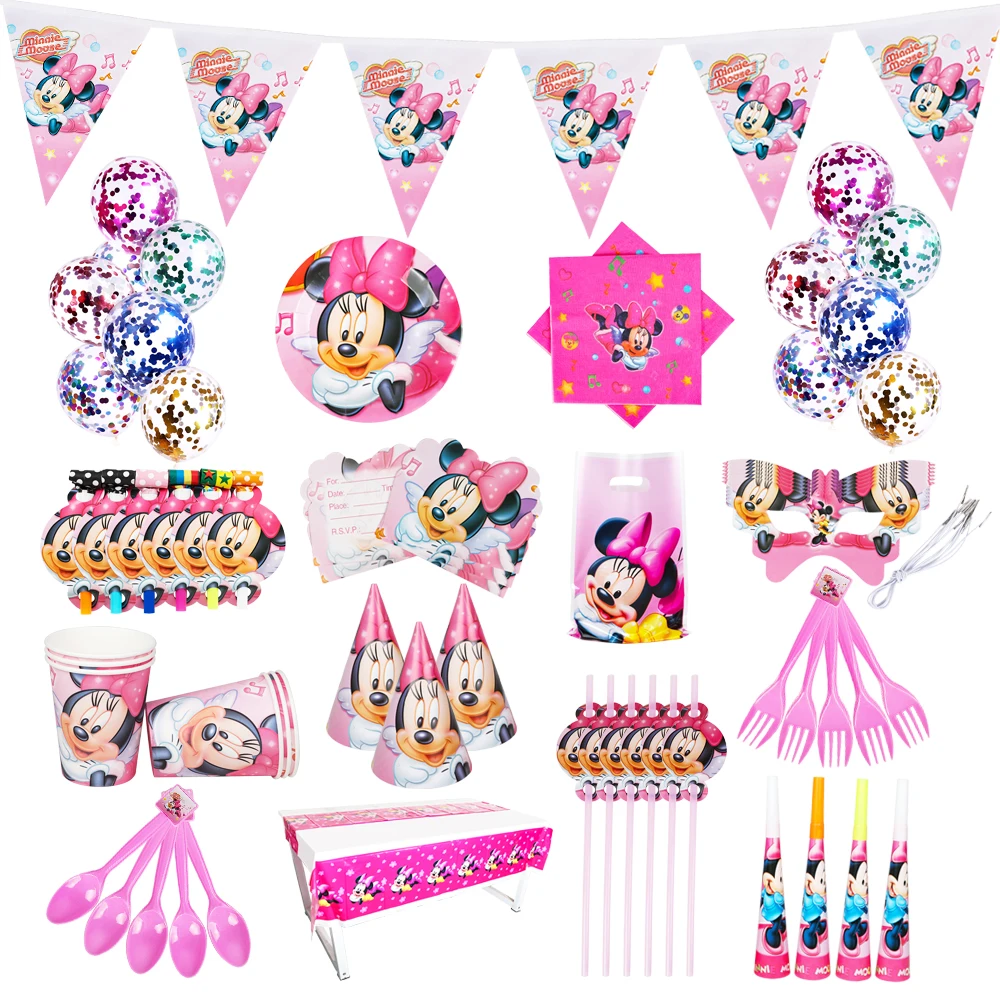 Disney Minnie Mouse Party Birthday Hat Cute Cartoon Cups Plates Tablecloth Girls Christening Cake Decorating High Quality