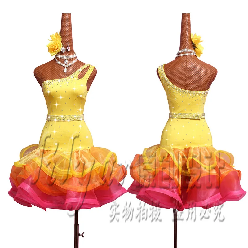 New Latin Dance Dress Competition Dress Costumes Skirt Performing Dress Adult Customize Children Light yellow Fishbone Skirtess