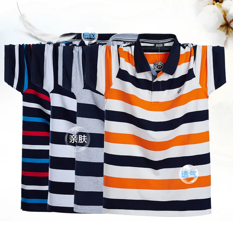 Color Contrast Stripe Polo Shirt Men Big Size 6XL Short Sleeve Polo Shirts Cotton Summer Breathable Stripe Tops Plus Size 6XL