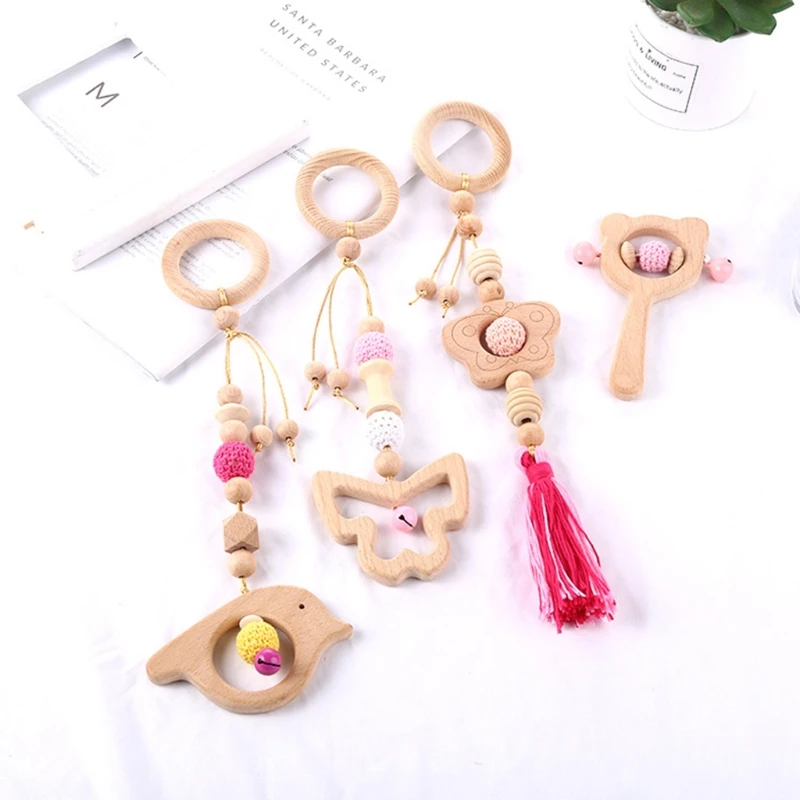 Cadre de gymnastique en bois de hêtre pour bébé, 4 pièces, activité nouveau-né, support de Fitness, pendentifs, jouets, hochet, anneau de dentition,