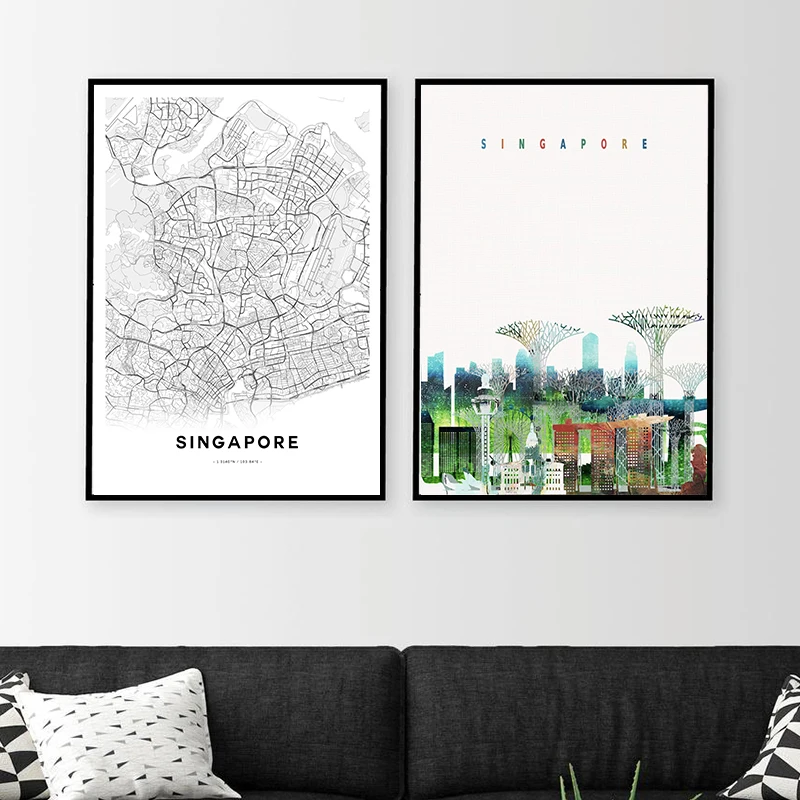 Black White Singapore Map Poster Canvas Painting, Singapore Print City Skyline Travel Wall Pictures for Living Room Home Decor