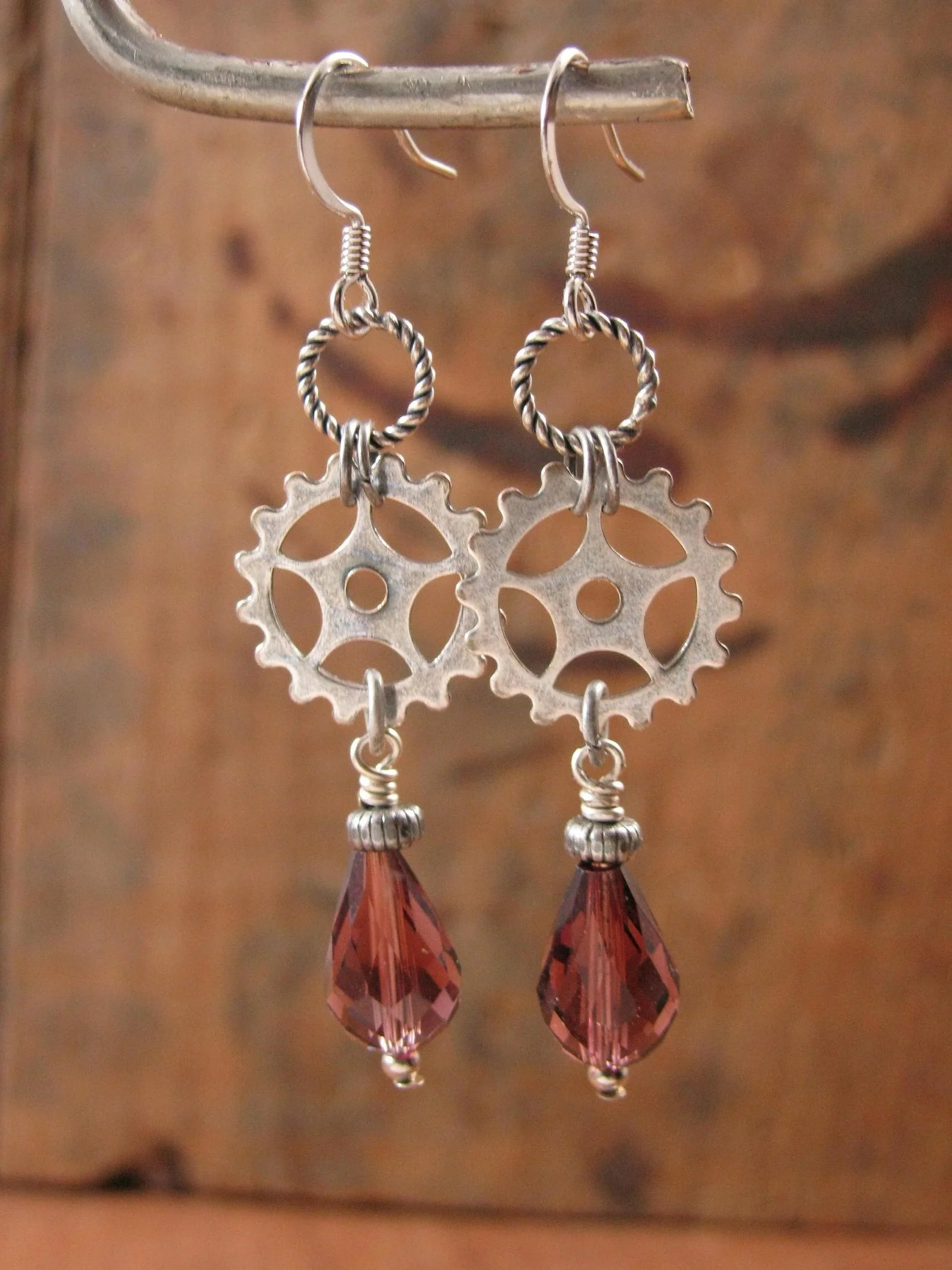 Steampunk Style Earrings - Silver Watch Gears ,Silver & Amethyst Beaded Steampunk Dangle Earrings