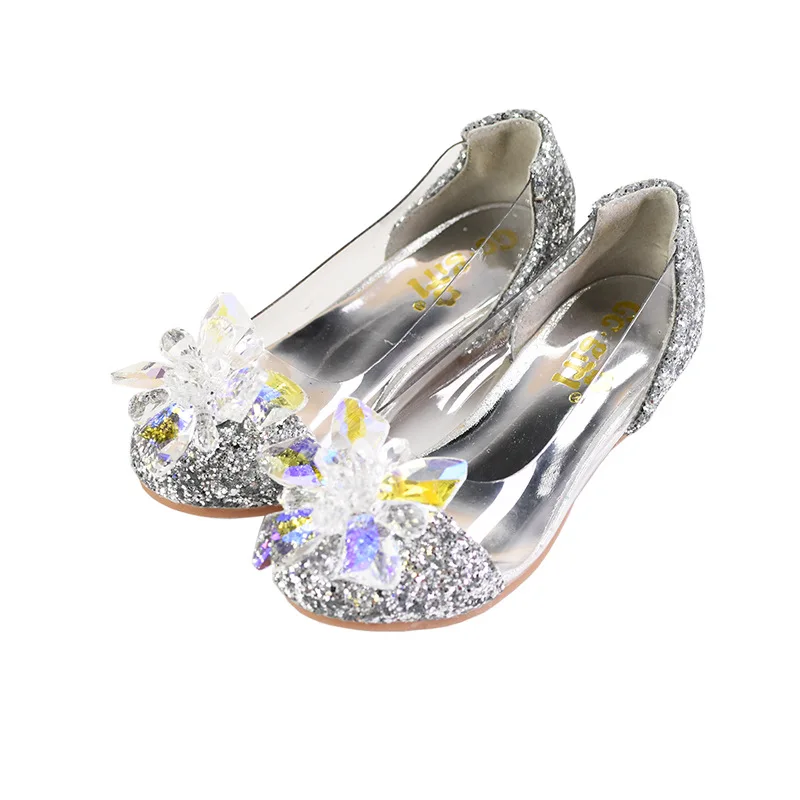 Zapatos de tacón alto de cristal de Cenicienta para niños, zapatos de fiesta de princesa transparentes con lentejuelas, vestido de diamantes para