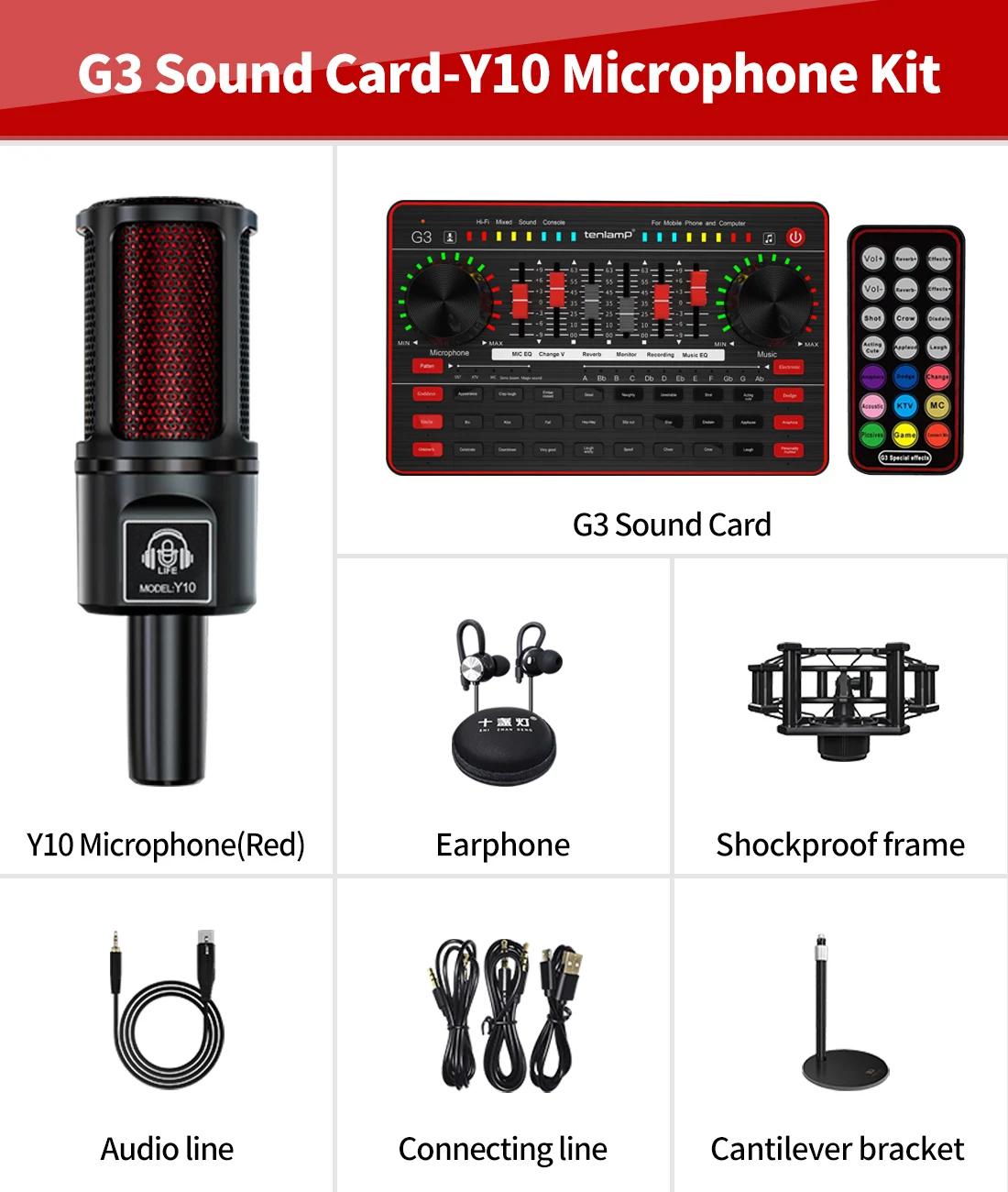 2022 tenlamp g3 placa de som y10 microfone conjunto profissional podcast condensador microfone para karaoke youtube estúdio gravação microfone