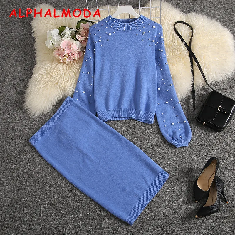 ALPHALMODA-Women\'s Sweater and Skirt Suits, Loose Pullover, Pearl Jumper, Knee Length Knit Skirts, Stylish Winter Set, New, 2019