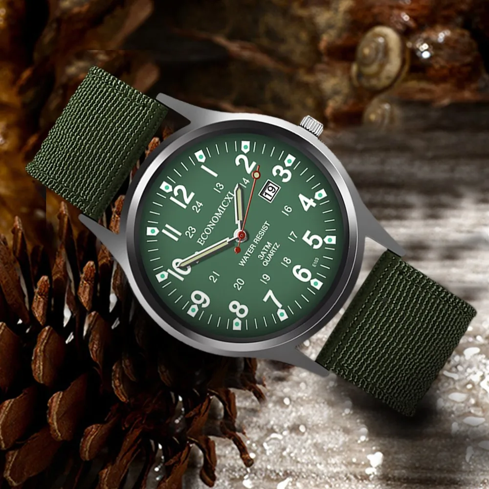 Reloj Hombre Fashion Green Watches Men Sports Watches Nylon Strap Auto Date Quartz Wristwatches Luminous Hands Relogio Masculino