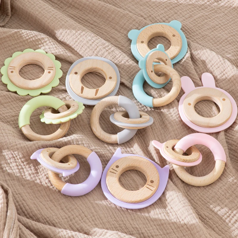 Kawaii Animals Silicone Teether Baby Toys Gift Beech Wooden Ring Hand Teething Nursing Pendant Childen\'s Goods New Fidget Toys