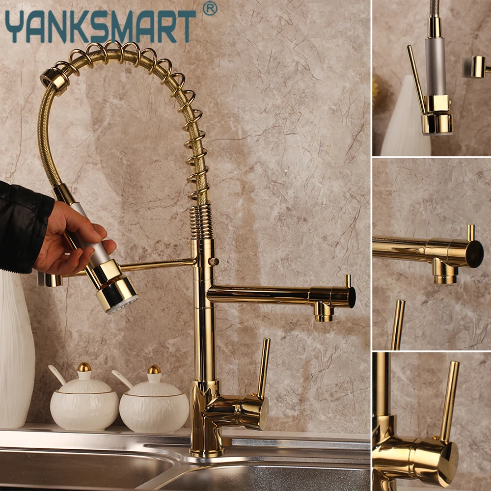 YANKSMART Solid Brass Gold Polish Kitchen Faucet Golden Vessel Sink Swivel Faucet Washbasin Mixer Taps With Pull Down Spray