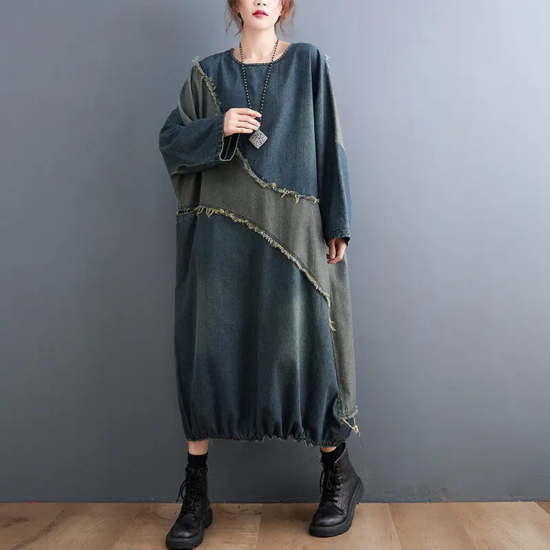 Vintage Spring Autumn Women Clothing Contrast Color Stitching Denim Dress Raw Edge Loose Long T Shirt Female Robes M1986