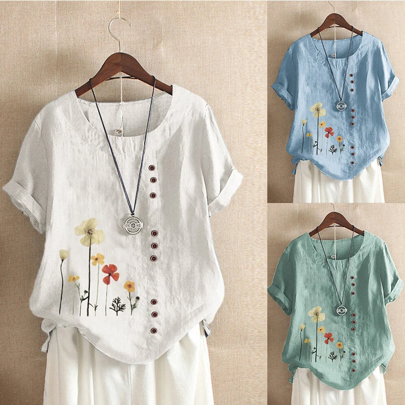 Women Fashion Summer Casual Print Loose T-shirt Vintage Round Neck  Cotton linen  Short Sleeve Blouse Button Tops S-5XL