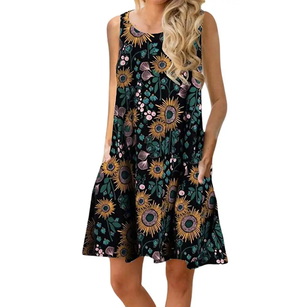 Strand Floral sleeveles Kleid Frauen Sommer Tasche Absicherung Tank kleid O-kragen Atmungsaktiv lady druck lose große saum mini kleid