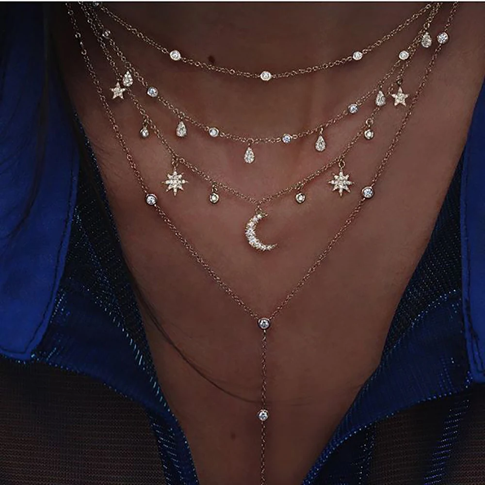 Neue Vintage Kristall Geometrie Stern Mond Schloss Halskette Für Frauen 2020 Boho Multi-level Anhänger Halsketten Colliers Schmuck geschenk – Detail 15