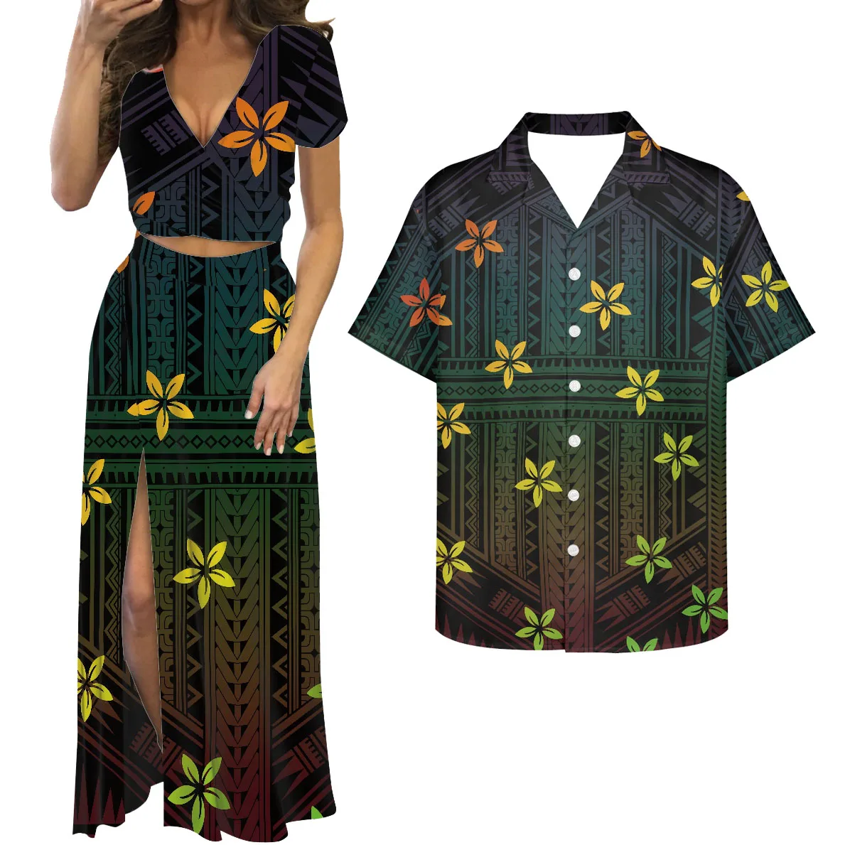 

HYCOOL Dropshipping Polynesian Tribal Fashion Party Crop Top And Long Skirt Set Hibiscus Beach Outfit Couples Matching Clothing