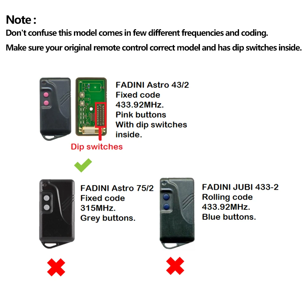 FADINI Astro 43/2 43/4 43-2T Garage Gate Door Remote Control Duplicator 433.92MHz Fixed Code