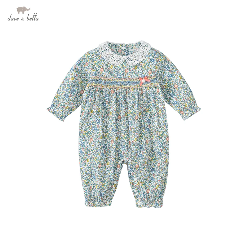 DB1220518 dave bella spring new born baby girls fashion bow floral jumpsuits infant toddler clothes children romper 1 piece