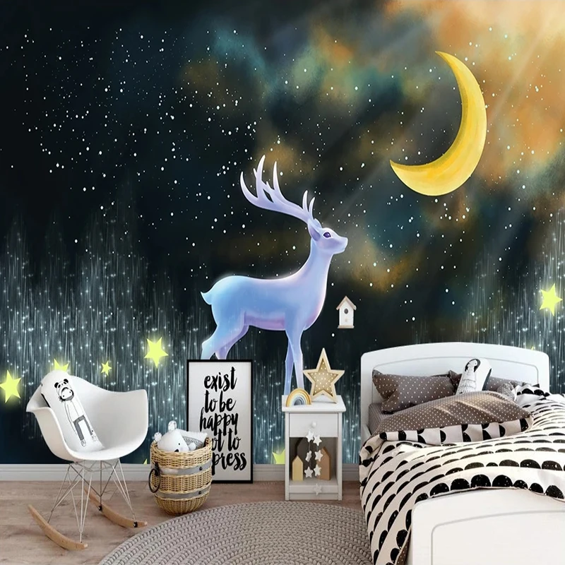 Custom 3D Mural Wallpaper For Kid's Room Cartoon Moon Star Elk Wall Papers Home Decor Papel De Parede Infantil Non-woven Paper