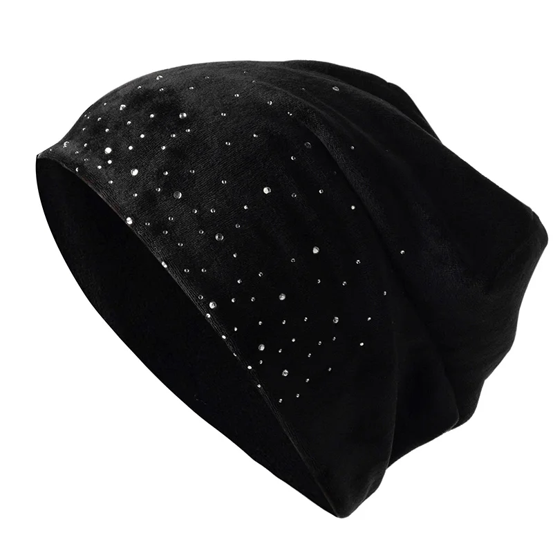 

Fashion Women Shiny Rhinestone Beanie Autumn Winter Female Casual Hat Ladies Velvet Fabric Soft Cap Skullies Bonnet