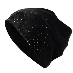 Gorro con diamantes de imitación brillantes para mujer, gorro informal, tejido de terciopelo, suave, Otoño e Invierno