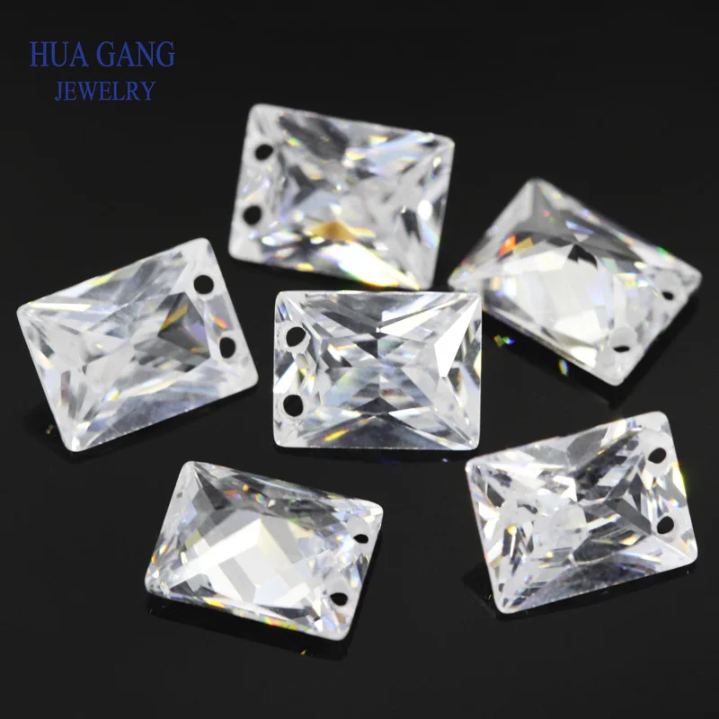 50PCS Cubic Zirconia Stone White Rectangle Shape Cut Loose CZ With Two Holes Synthetic Gems Beads For Jewelry 3x5~10x14mm