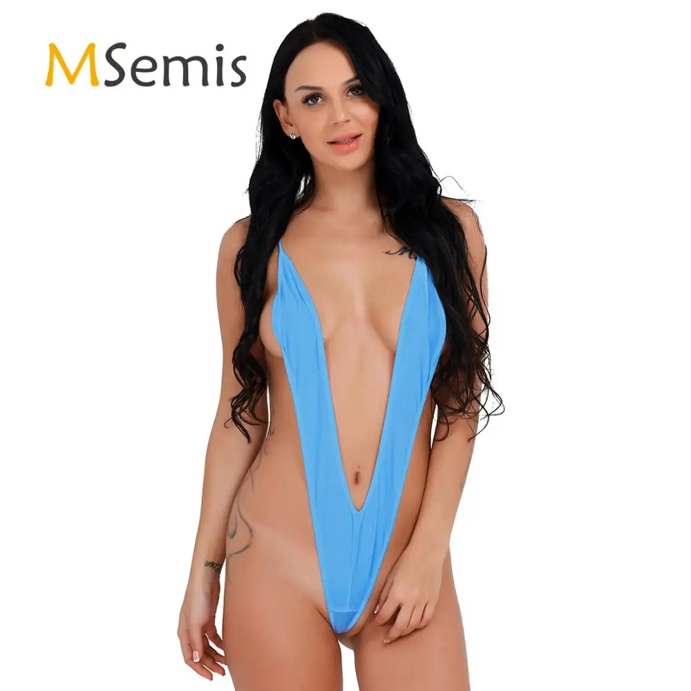 Womens Brazilian Bikini Swimsuit Thong G-string Monokini Underwear Bodysuit Swimwear One Piece Shoulder Stretch Singlet Bodysuit