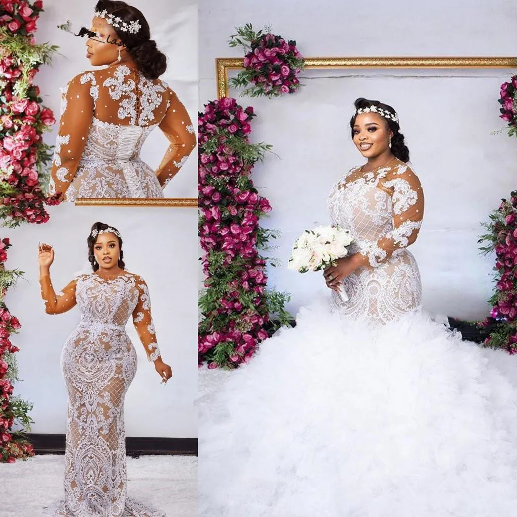 Plus Size Mermaid Lace Wedding Dresses detachable train Long Sleeves Beaded african Bridal Gowns customsized  robe de mariée