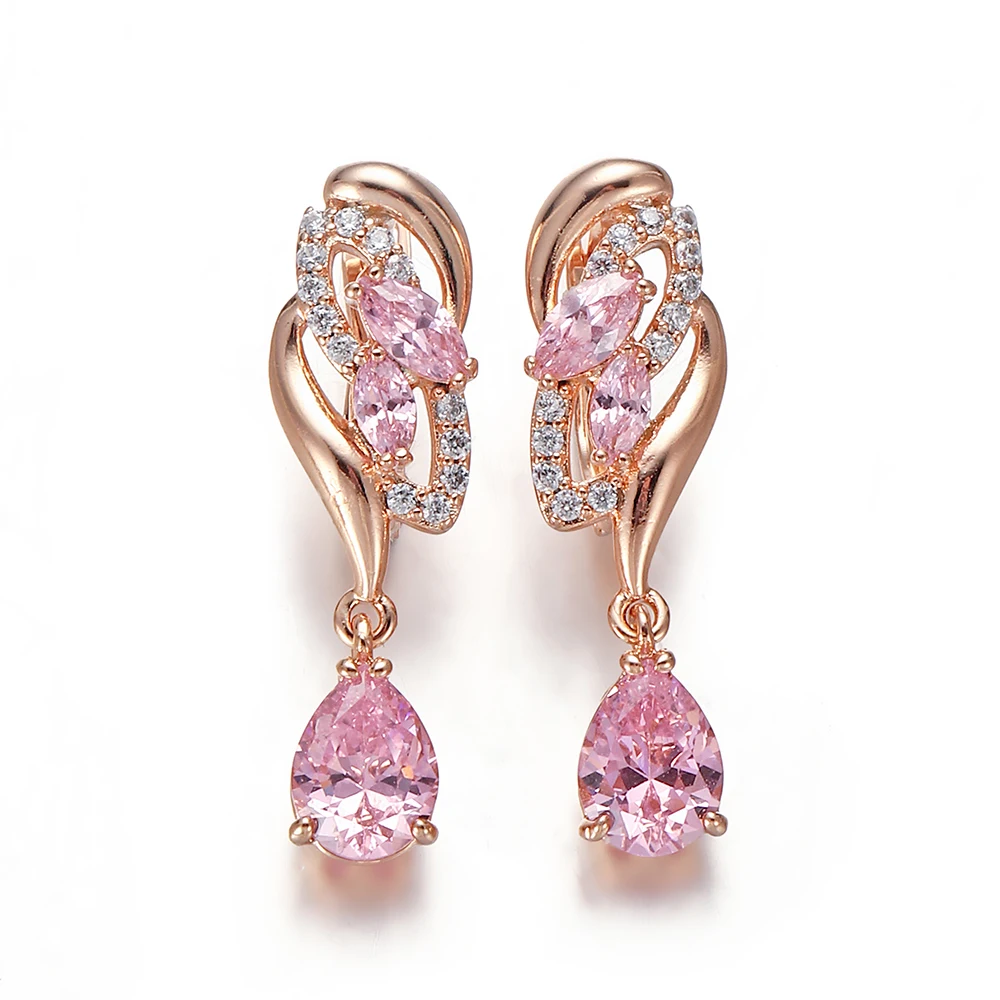 Hanreshe Drop Earrings Quality Cubic Zirconia Rose Gold Color Pink Crystal Earring Fashion Jewelry Party Accessories Woman Gift