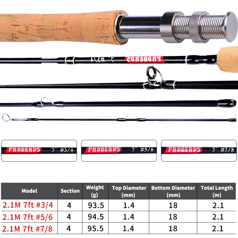 PODER  Japan Carbon Fiber Fly Fishing Rod 7FT 2.1M 4 Section Line wt 3/4 5/6 7/8 Soft Cork Handle Fly Rod Fishing Pole Tackle