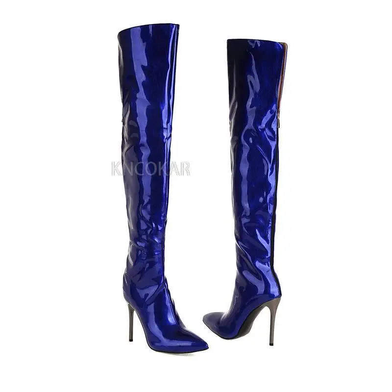 Shiny leather pointed toe stiletto super high heel over the knee boots long boots gold large size women\'s boots high boots