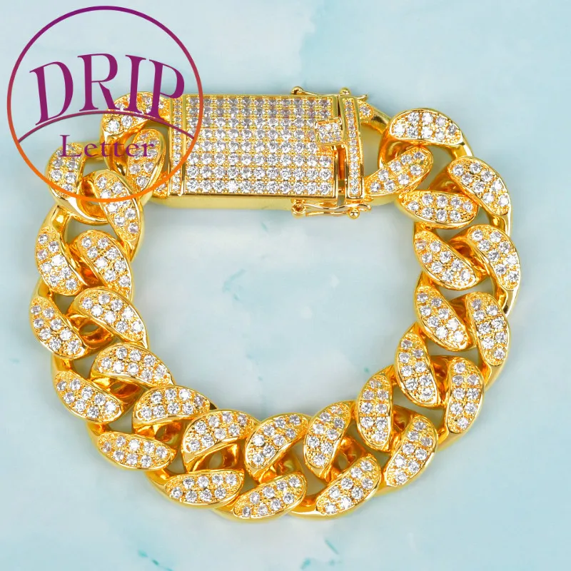 Drip Letter Cuban Link Bracelet for Men Real Gold Plated Ice Out Rock Street Style Hip Hop Jewelry