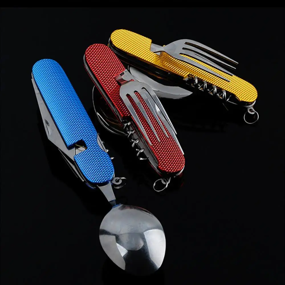 Multifunction Spoon 3-in-1 Stainless Steel Outdoor Travel Camping Hiking Folding Spoon Fork Knife Pocket Beer Bottle Opener