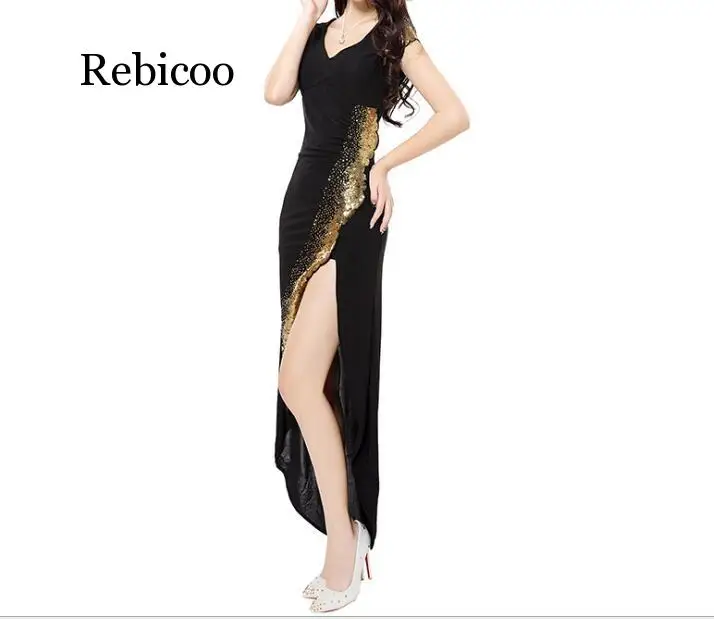 High Quality Women Clothing V-neck Sequins Dress Summer High Open Fork Elegant Dress Fashion Club Party Irregular Dress