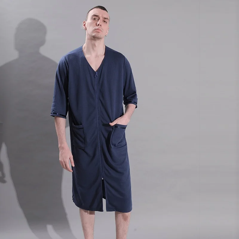 3XL Men Bathrobe Zipper Thin Summer Plaid Robes Nightwear Plus Size Casual Loose Long Bath Robe Dress Gown Nightgown Sleepwear