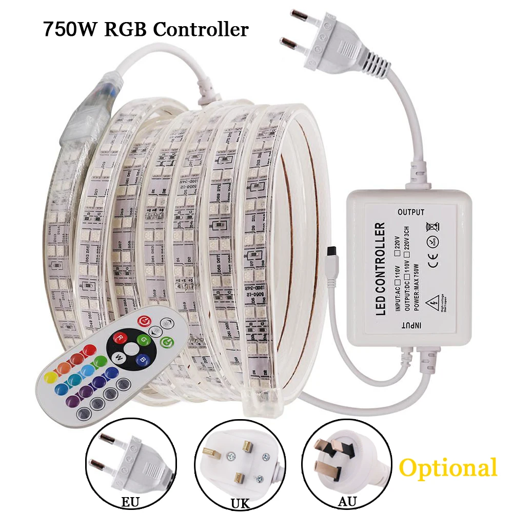 5050 RGB LED Strip Light Wall Touch 220V Remote Control 24key Kit 120LED/M Double Row Waterproof Flexible Led Ribbon Decoration